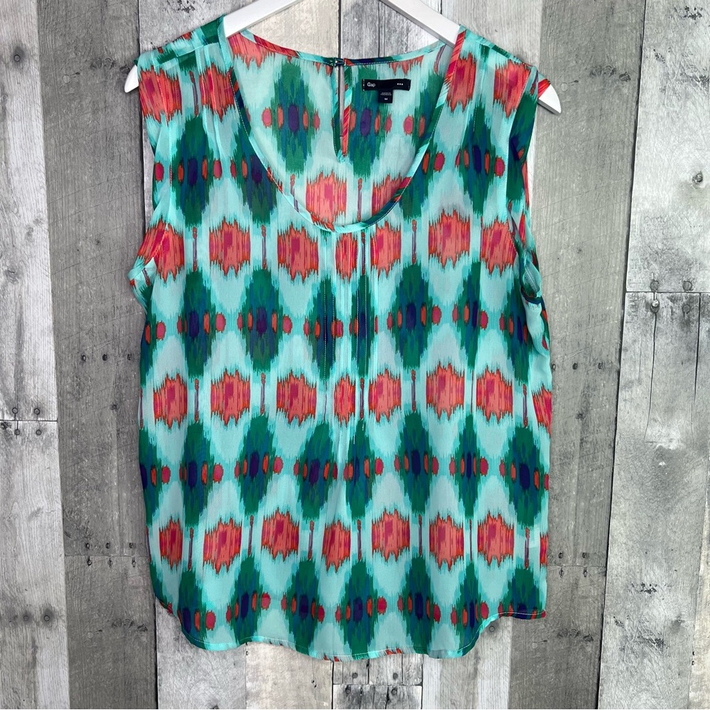 GAP Green Orange Print Sheer Sleeveless Top With Pintucks Size Medium